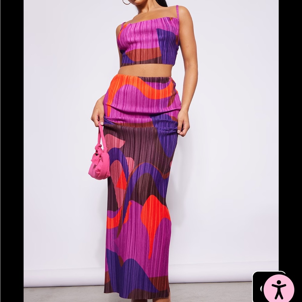Pink Print Plisse Maxi Skirt & Crop top SET PLT